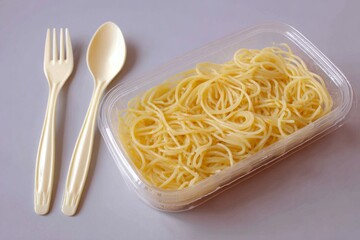 Spaghetti in a plastic container with plastic cutlery nearby. Micro plastic contamination in food concept .