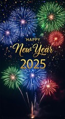 Vibrant New Year 2025 Celebration with Colorful Fireworks Display.