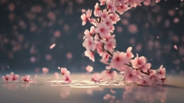 Delicate pink cherry blossom petals falling gracefully, creating a serene and dreamy atmosphere.