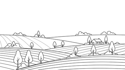 Obraz premium Serene rural landscape with rolling hills, cultivated fields, and a distant farmhouse under a clear sky, rendered in a simple line art style