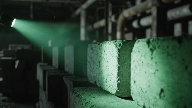Mysterious green flashlight illuminates cinder blocks in a dark industrial environment with pipes and shadows
