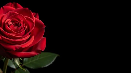 Fototapeta premium A single, perfect red rose blooms vibrantly against a stark black background, showcasing its detailed petals.