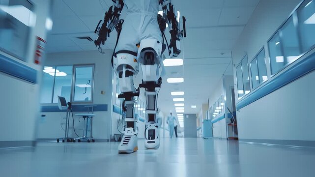 Low-angle shot of a humanoid robot walking down a long, white hospital corridor with blue accents and fluorescent lighting.