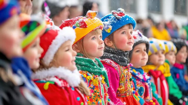 Vibrant festival parade with colorful costumes and smiling children amidst falling snowflakes