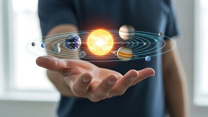 Illustrating the vastness of the solar system and planetary orbits held in a person's hand