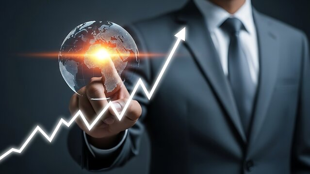 A businessman's hand touches a glowing digital globe with a growing upward trend graph overlay symbolizing financial success and global business growth - Powered by Adobe
