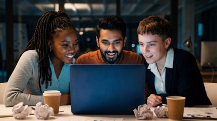 Three diverse individuals collaborating around a laptop computer in a low light setting