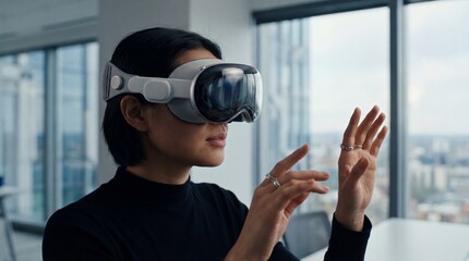 Woman wearing virtual reality headset interacting with digital interface modern technology concept