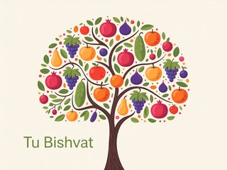 Tu bishvat jewish holiday tree with colorful fruits and leaves on beige background