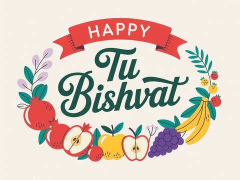 Happy tu bishvat jewish holiday celebration with colorful fruit wreath and banner on beige background