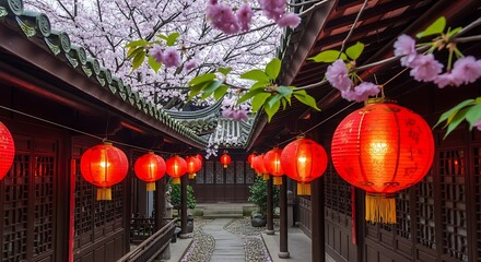 Vibrant Red Lanterns Illuminate a Traditional Chinese Pathway.