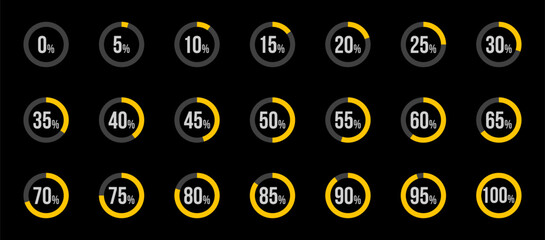 red circle percentage diagrams set, started 0 finished 100, increase 5, infographic elements collection, user interface vector illustration, pie chart dashboard 