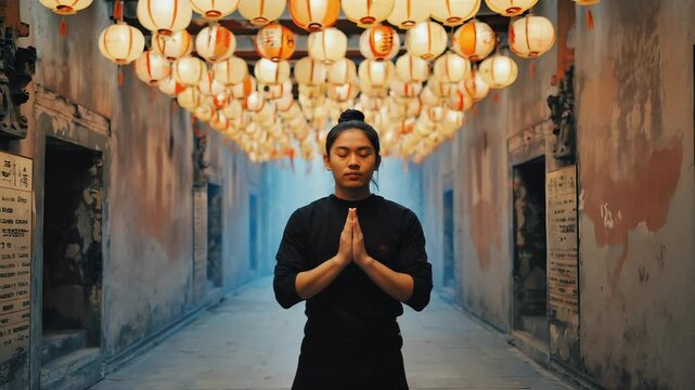 A practitioner stands in a temple corridor. Subtle hand mudras are performed while slow breathing takes place. Lanterns hang above, adding to the atmosphere of focus and concentration