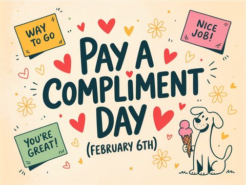 Pay a compliment day february 6th celebration with cute dog and colorful hearts and notes