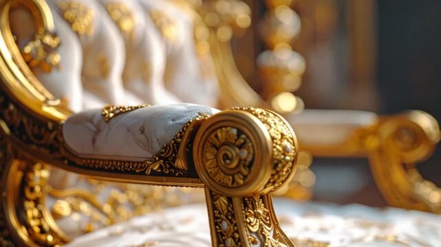 Opulent Gold and White Armchair with Ornate Carvings and Luxury Details