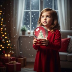 Naklejka premium Young Girl Holding Snow Globe in Cozy Room with Christmas Atmosphere