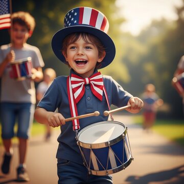 Happy Boy Playing Drum in Patriotic Outfit at Outdoor Parade