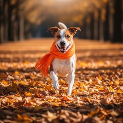 Happy Dog Running with Orange Scarf on Autumn Leaves Lined Path