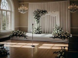 Elegant ballroom setup featuring floral decor and vintage microphone