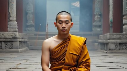 A monk dressed in a saffron robe sits cross-legged in a temple courtyard. Eyes are closed and hands rest in lap. Incense smoke rises softly in the air as time passes in this historic location