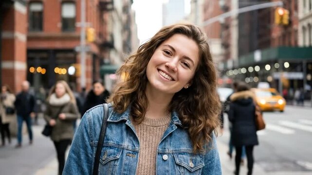 A joyful young woman with wavy brown hair smiles confidently at the camera, radiating happiness on a vibrant city street. Her casual denim jacket reflects a modern urban lifestyle. The blurred backgro