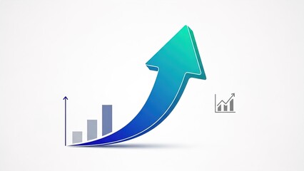 Striking three dimensional vibrant blue and green arrow soaring upwards over rising bar graphs symbolizes strong financial growth and upward market trends for success.