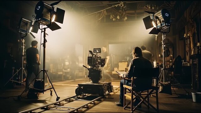 Filmmaking Scene with Professional Lighting Equipment and Camera on Dolly Tracks in a Moody Atmospheric Studio Setting Capturing a Cinematic Moment
