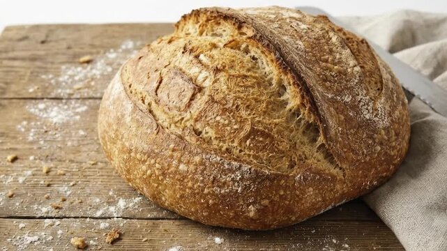 A perfectly baked, round artisan bread loaf with a deeply textured, golden-brown crust rests invitingly on a rustic wooden cutting board. Scattered white flour and golden crumbs around the base enhanc