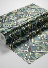 Elegant wallpaper roll featuring a botanical design with geometric accents