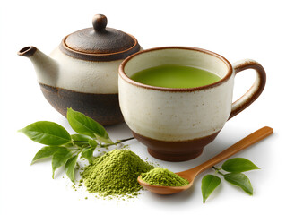 Matcha tea preparation flat lay of Matcha Tea Ingredients and Tools