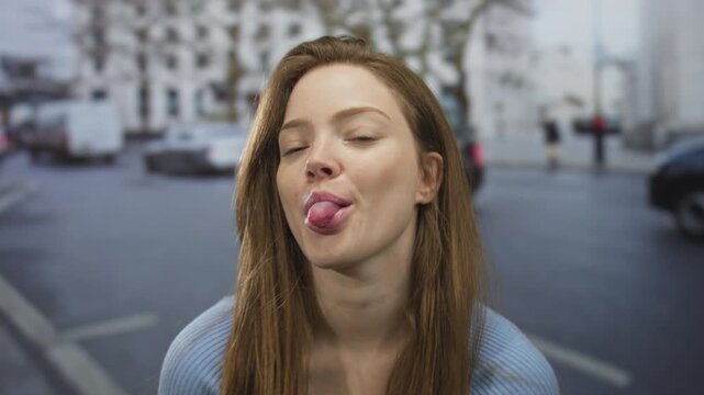 Young brunette woman in blue sweater sticks tongue out on busy street amid moving cars; playful mischief.