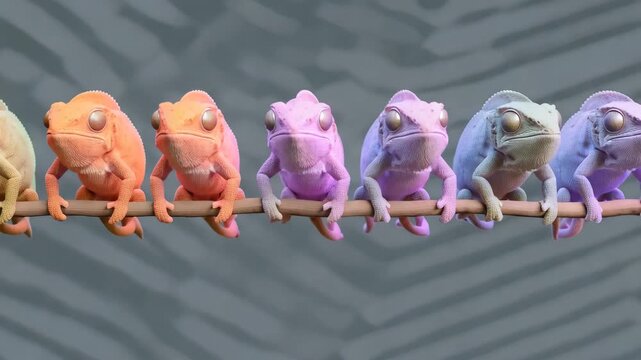 Loopable line of minimalist chameleons color cycling in unison on scrolling moire background. Hypnotic calming design tool tutorial, commercial.