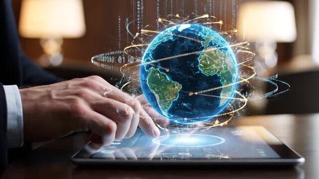 Person interacting with a digital globe on a tablet showcasing global connectivity and technology in a modern setting