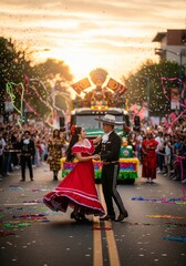 Fototapeta premium Couple Dancing on Street Parade with Confetti at Sunset