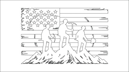 Miners on mountain with distressed American flag line illustration