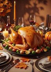 Roasted Turkey Centerpiece on Table with Autumn Decor