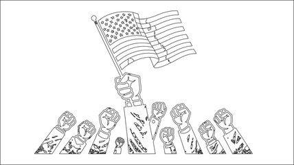 Raised fists holding American flag symbolizing worker solidarity