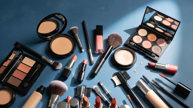 Assortment of makeup products arranged on a blue surface, creating a visually appealing composition.