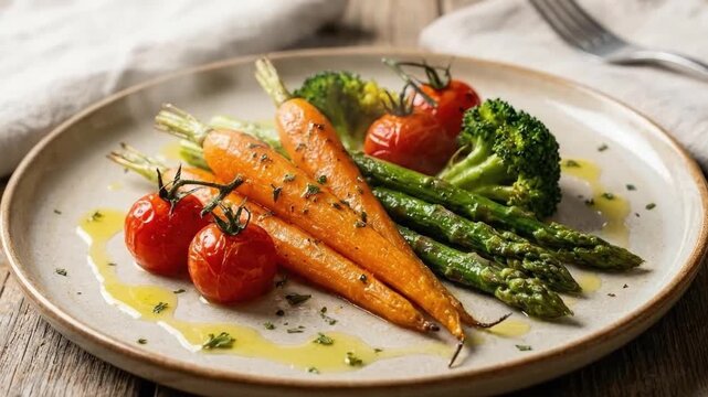 A visually appealing close-up shot captures a wholesome plate of freshly cooked, vibrant vegetables artfully arranged on a rustic dining surface. The delicious and nutritious meal features bright oran