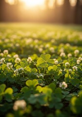 Four Leaf Clover in Field at Golden Hour with Sun Backlight
