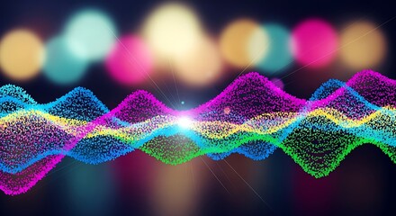 Vibrant, multicolored wave patterns generated by countless tiny particles flow across a dark background with abstract light effects.