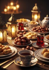 Obraz premium Ramadan Feast Table with Lanterns and Dates in Warm Light