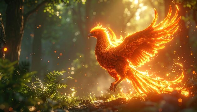 A vibrant phoenix, composed of flames, soars amidst a lush forest with sunlit foliage and magical particles