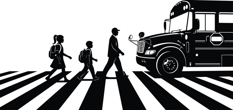 Silhouette of school children crossing pedestrian crosswalk in front of stopped school bus, road safety concept, education transport scene, isolated on white background illustration