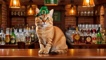 Cute cat in green leprechaun hat on bar counter in cozy Irish pub. Charming humorous festive St. Patrick's Day scene