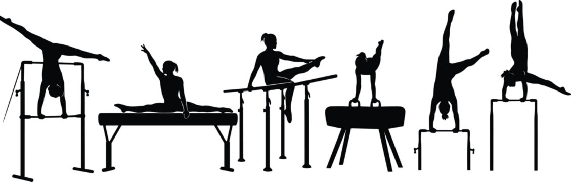 Silhouettes of gymnasts performing vault, pommel horse, parallel bars, and balance routines, isolated on white background, showcasing strength, agility, training, and competitive gymnastics movement
