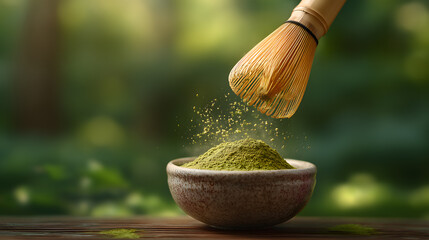 Traditional Japanese Matcha Green Tea Preparation with Bamboo Whisk and Ceramic Bowl on Zen Stone Tray. Matcha powder in ceramic bowl for Japanese drink.