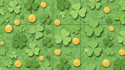 A vibrant green background pattern featuring numerous shamrocks and shiny gold coins, evoking a festive St. Patrick's Day theme.