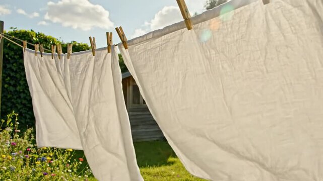 White laundry sheets drying on a clothesline outdoors in the sun against a garden background