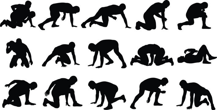 Human movement crawling to standing silhouettes set showing evolution of motion, exercise progression, rehabilitation poses, yoga transitions, fitness training sequence isolated on white